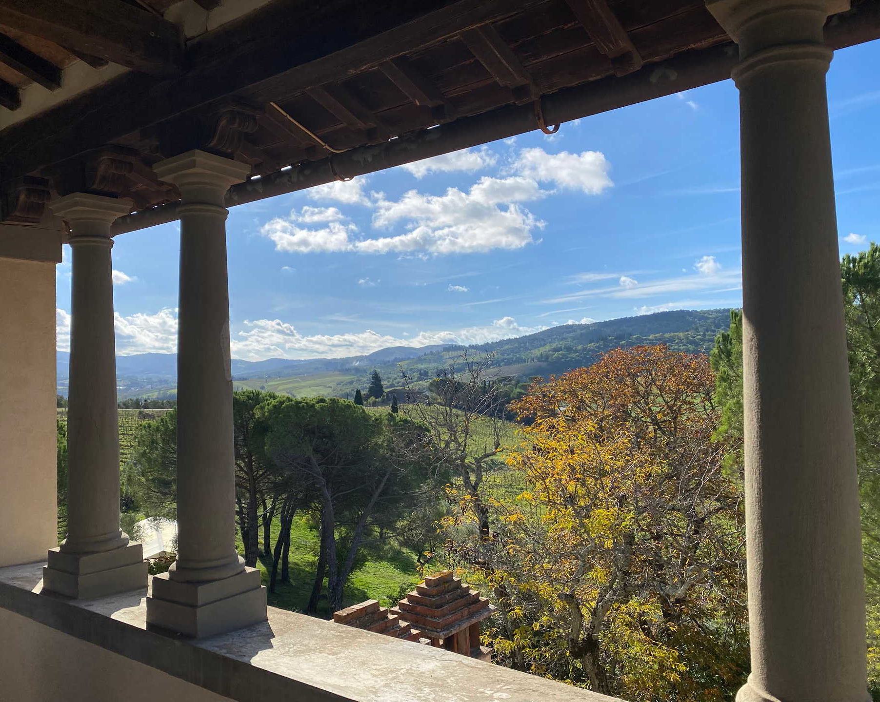 view of the countryside with mountains from our Bed And Breakfast in Greve In Chianti, Corte Di Valle.